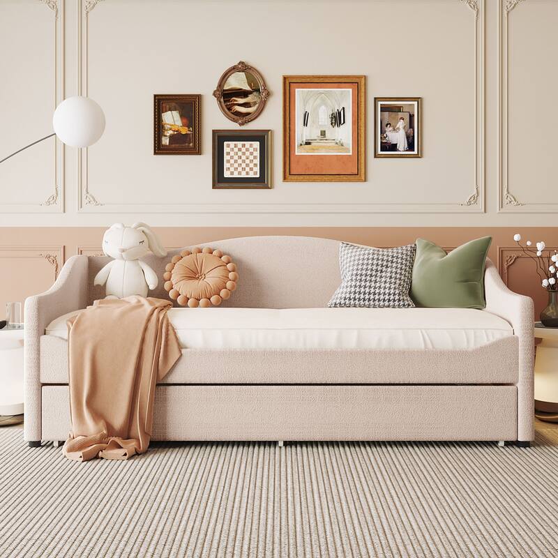 Twin Size Upholstered Daybed with Trundle, Beige, Light Stripes Design
