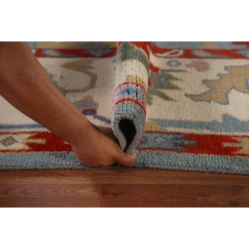 Light Blue Oushak Area Rug Hand-Knotted Floral Wool Carpet - 8'11"x 11'8"