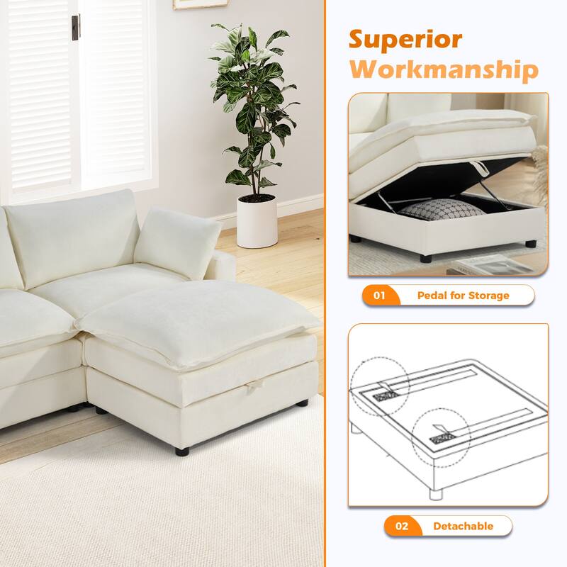 Modular Sectional Sofa for Living Room, U-Shaped Sofa Couch with Corduroy Fabric, 3/4 Seat Oversized Couch with Movable Ottoman