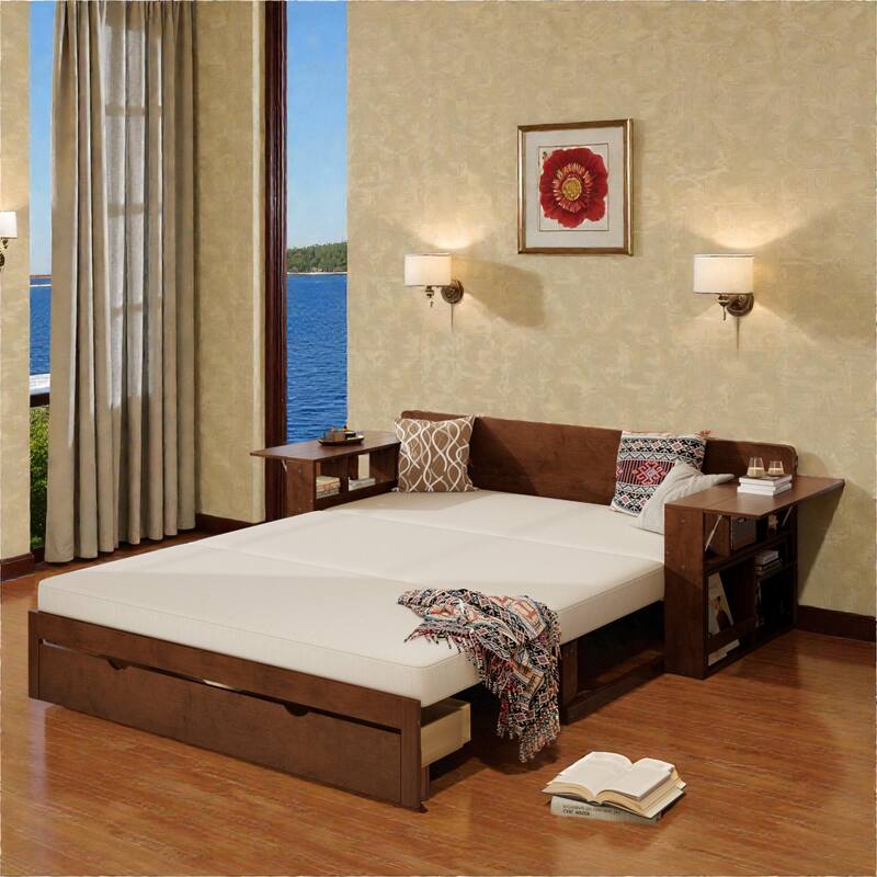 Queen Size 4-in-1 Daybed with Removable Desk, Storage Drawers, Hydraulic Side Tables & Extendable Armrests