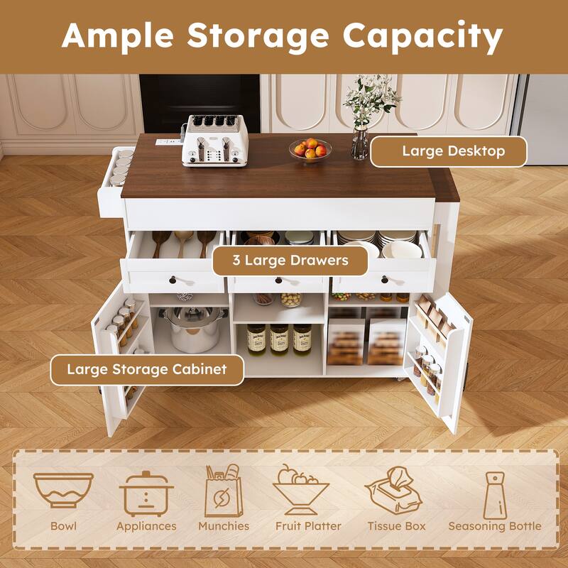 Rossetta 74.8" Removable Extendable Kitchen Cart with Mobile Universal Wheels and Power Outlet
