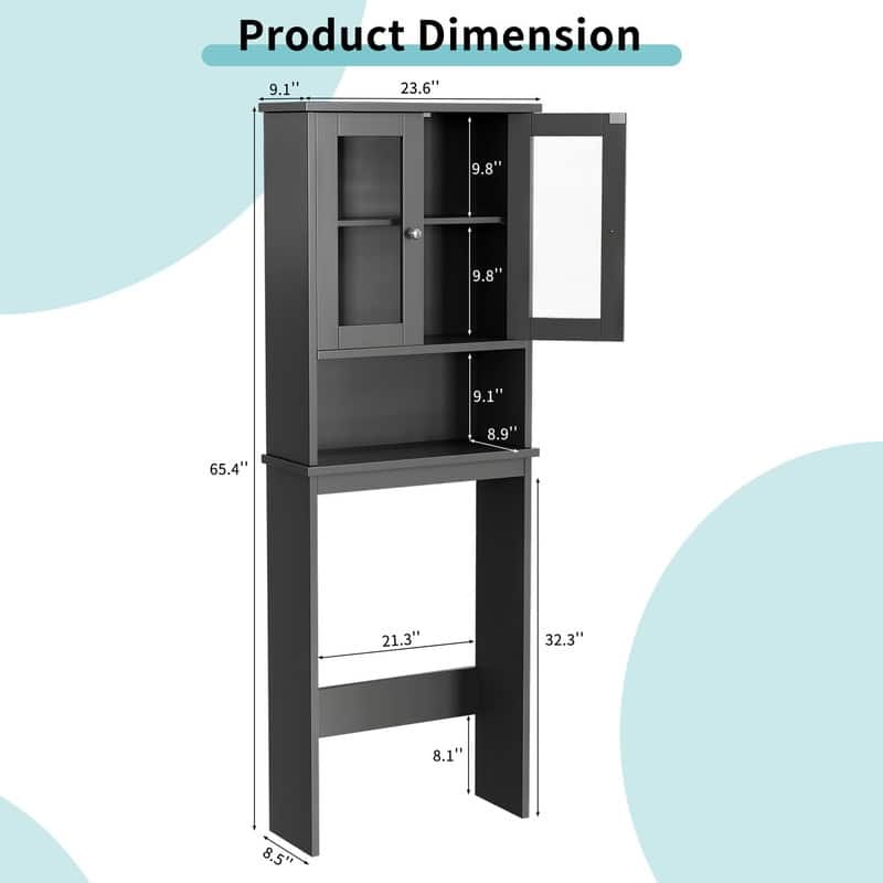 Over The Toilet Storage Cabinet, Glass Door - 8.5"D x 23.6"W x 65.4"H