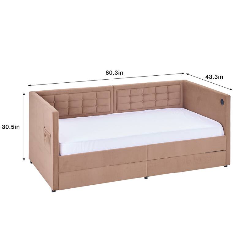 VECELO Twin Size Upholstered Daybed with Storage Drawers Storage Daybed with USB Ports & Pockets Modern Sofa Bed Daybed Frame
