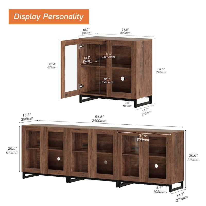 WAMPAT Modern TV Stand with Glass Doors for 110 inch TVs, Entertainment Center Console with Adjustable Shelves and Metal Base