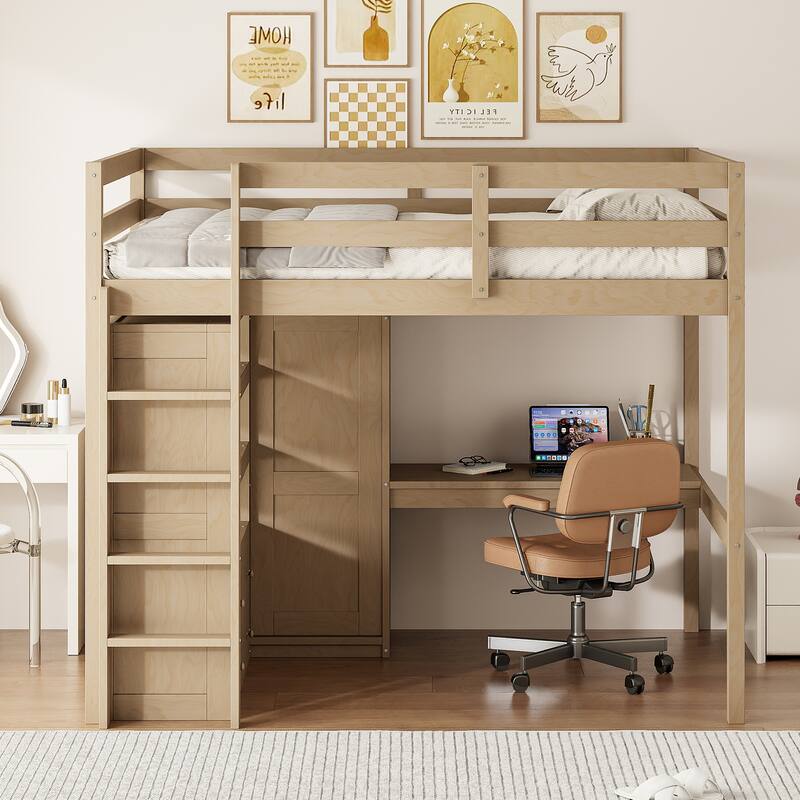 Wood Full Size Loft Bed with Built-in Wardrobe, Desk, Storage Shelves & Drawers, All-in-One Bed Frame