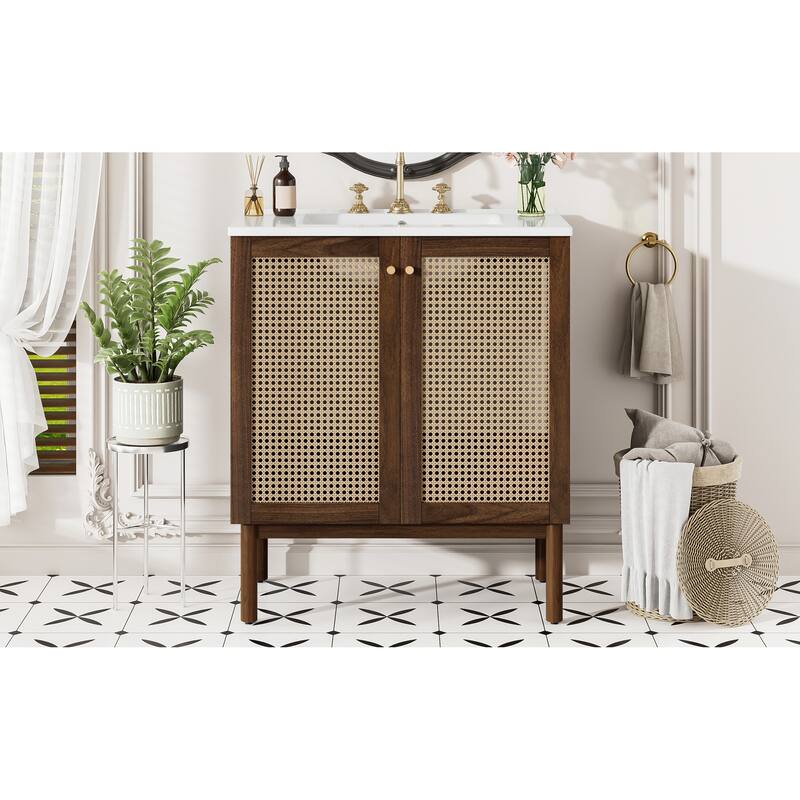 GDFStudio - Lilia 30" Bathroom Vanity with Handwoven Bamboo Doors & Soft-Close Design