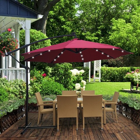 10 ft. Round Patio Cantilever Umbrella with LED Lights,Metal Base,Burgundy