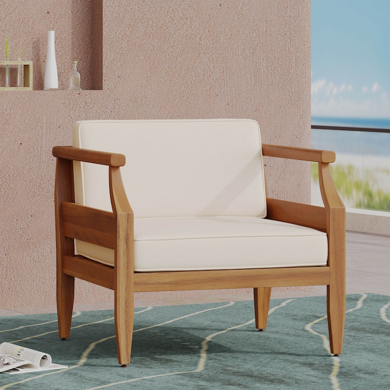 Roomfitters Outdoor Club Chair with Cream Cushions and Tapered Acacia Wood Frame, Weather-Resistant Seating