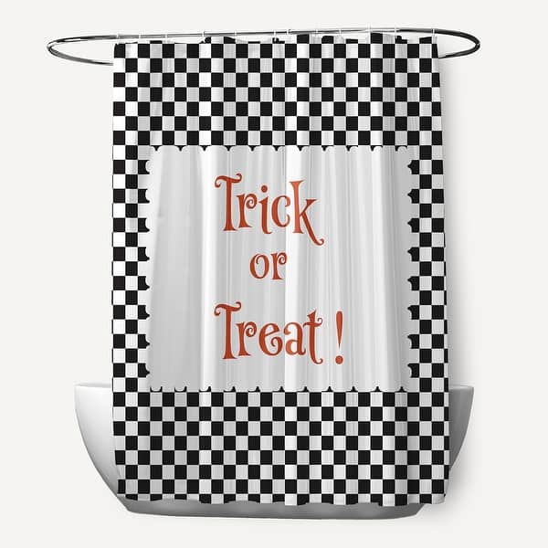 slide 2 of 3, Halloween Trick or Treat Checks Shower Curtain Black