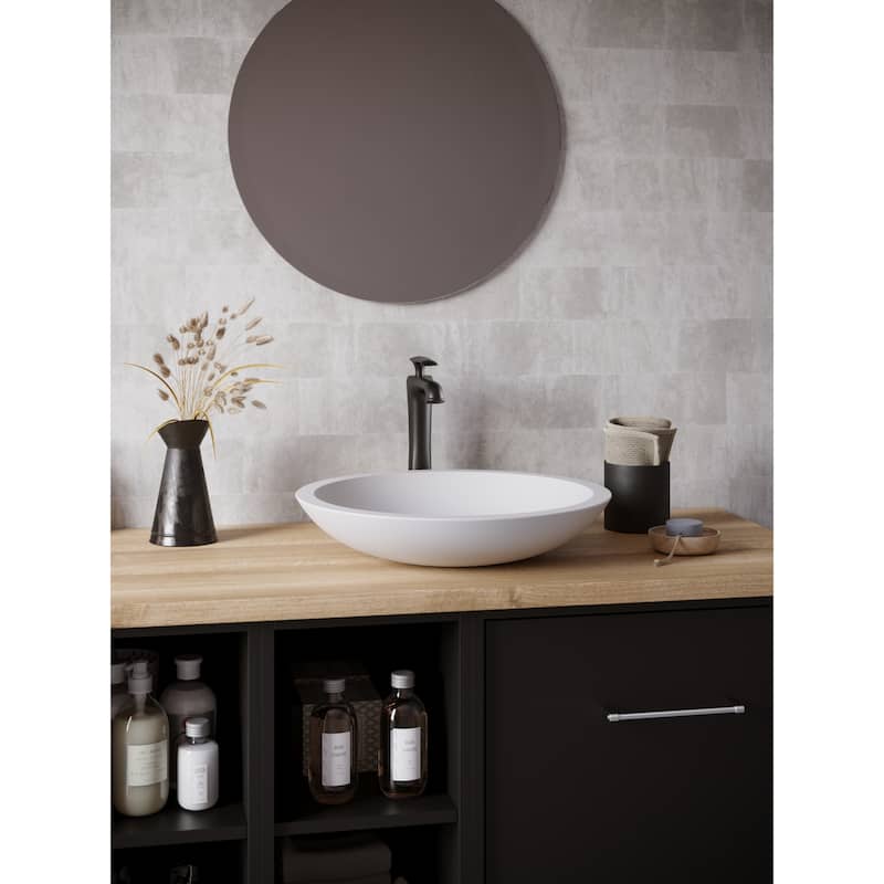 Karran Quattro Matte White Acrylic 19 in. Round Bathroom Vessel Sink with Faucet and drain in Matte Black