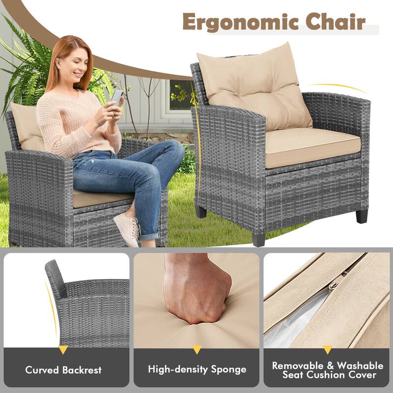 Costway 3PCS Patio Rattan Furniture Bistro Set Cushioned Sofas Side