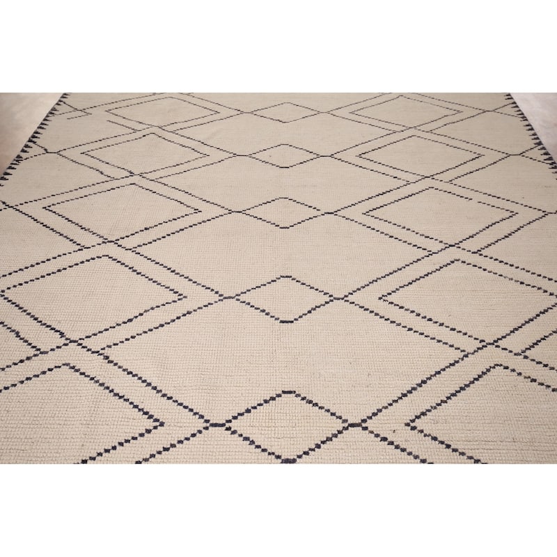 Trellis Geometric Ivory Moroccan Area Rug Handmade Wool Carpet - 7'11"x 10'9"