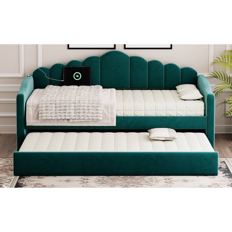 Twin Size Velvet Upholstered Daybed Vertical Stripes Backrest Sofa Bed with Trundle Bed, 2 USB Charging Ports, 2 Large Pockets
