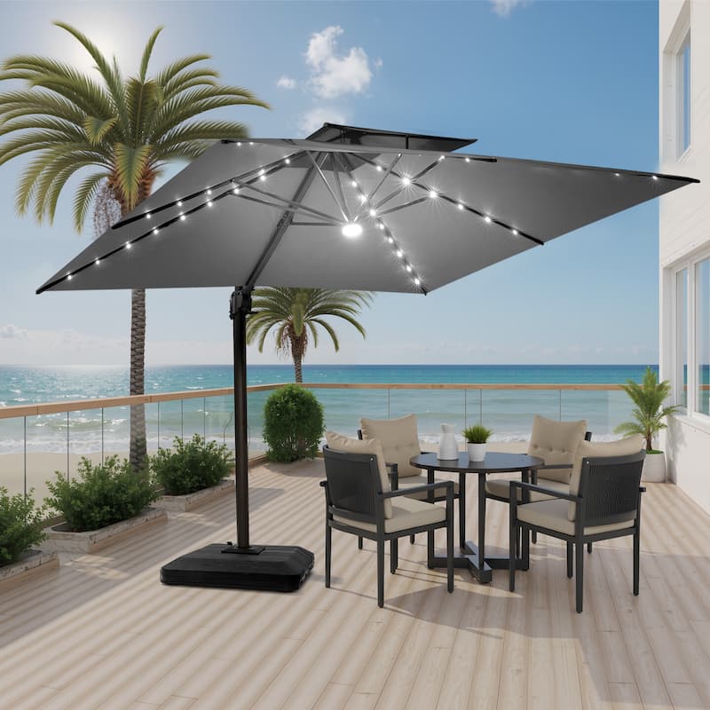 Pellebant 11X11 FT Outdoor Square Cantilever Patio Umbrella Solar LED Lighted with Premium Base Stand - DarkGrey