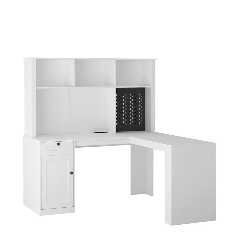 Roomfitters Modern L Shaped Computer Desk with Outlets & Hutch, Corner Workstation with Drawers, Bookshelf & Cabinet, White