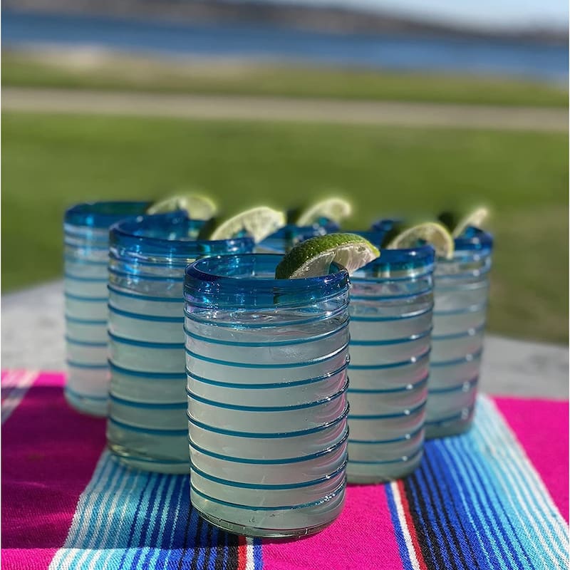 Dos Sueños Hand Blown Mexican Drinking Glasses - Set of 6 Glasses with an Aqua Spiral Design (14 oz each)