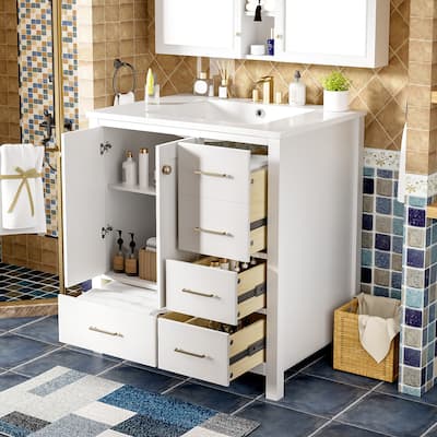 Bathroom Vanity with Resin Sink Combo, Storage Cabinet with 4 Drawers and Soft Closing Doors, Vanity Set with Storage Shelf