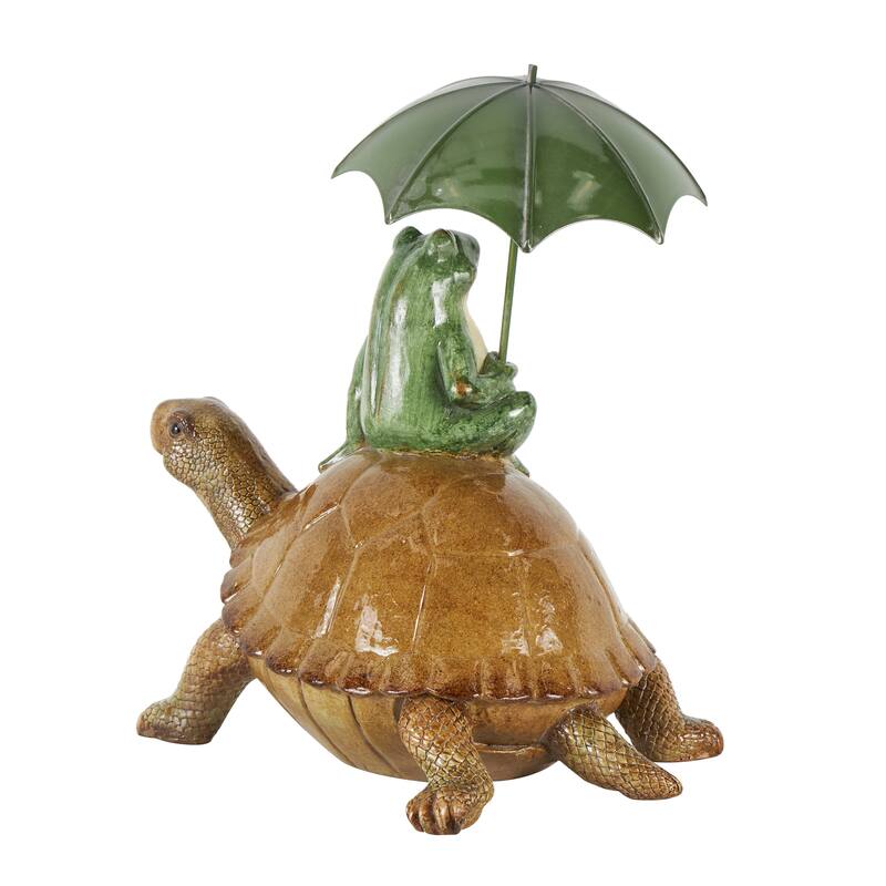 Bronze Resin Sitting Frog Decorative Sculpture with Umbrella and Brown Walking Turtle