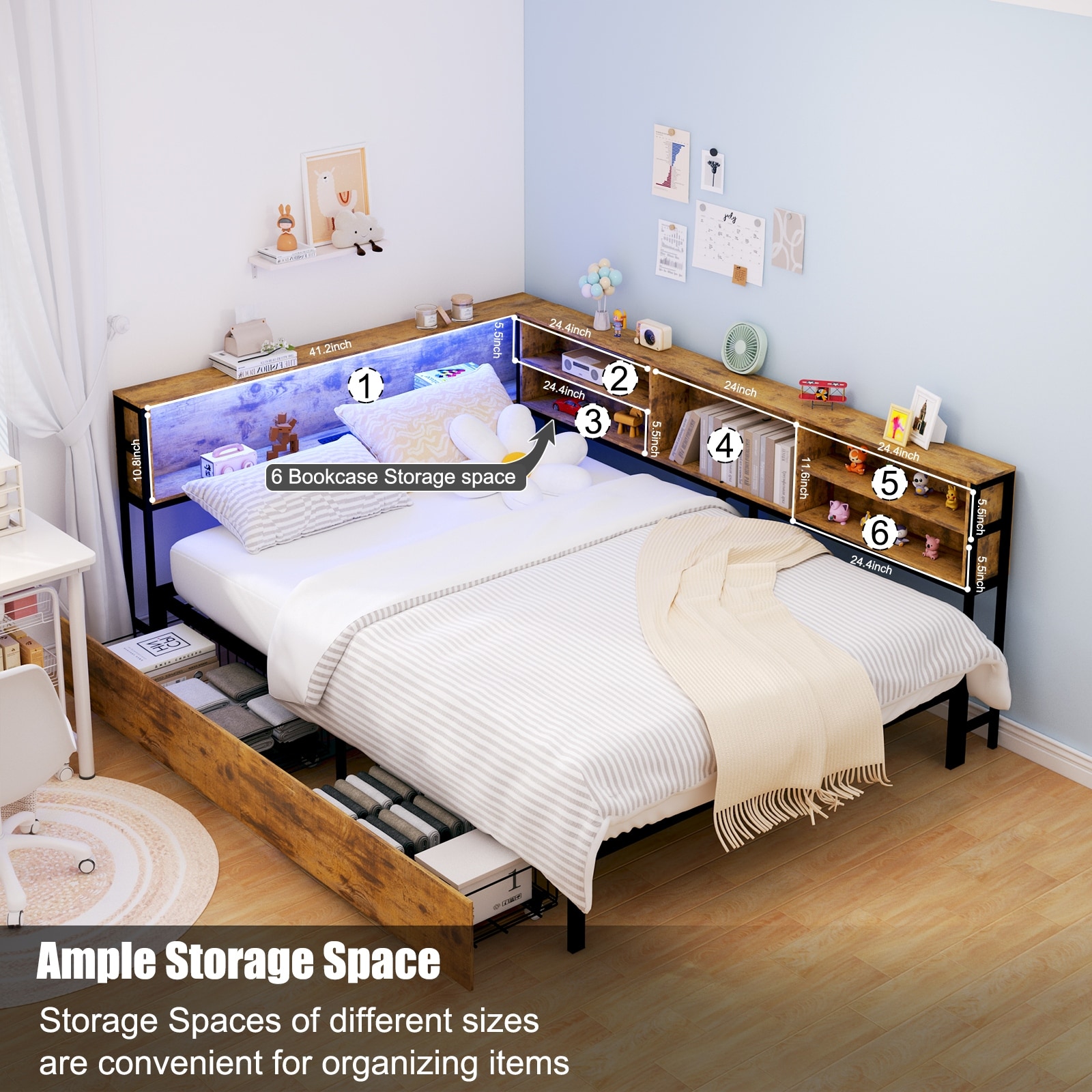 Corner Bed Frame With Storage Bookcase, Full Daybed With Storage Drawers, Kids Bed Unit With Charging Station And Led Light
