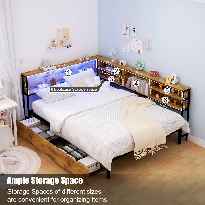 Corner Daybed Kids Platform Bed Frame with Storage Bookcase, Underbed Drawers, Charging Station and LED Lights