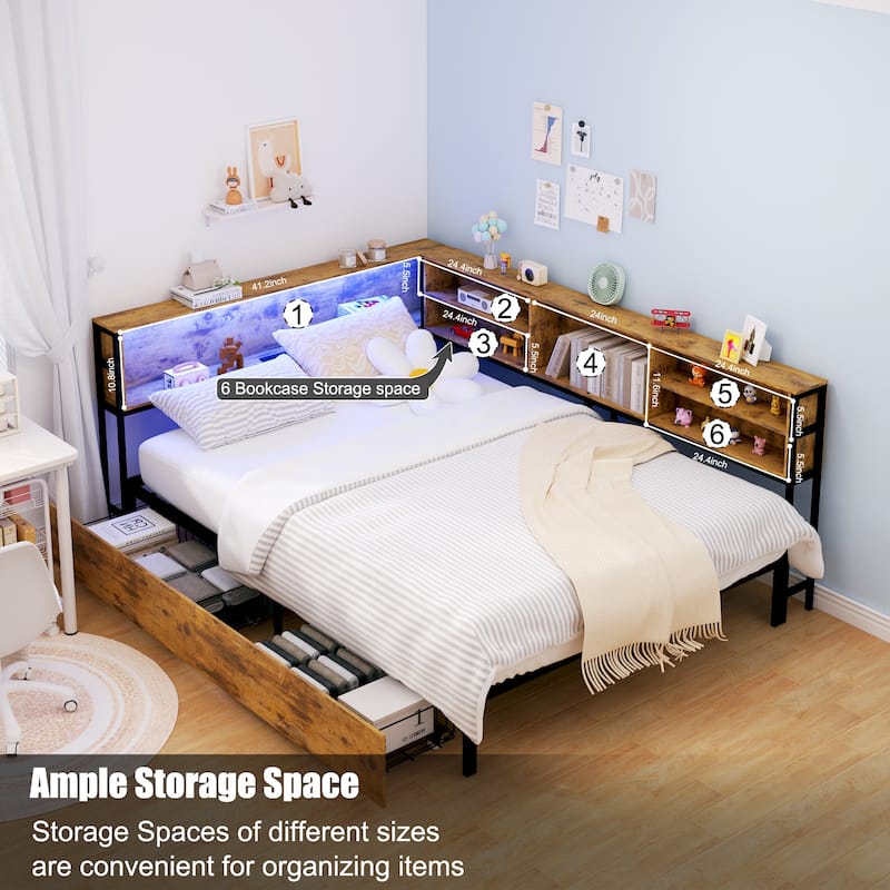 Corner Daybed with Storage Drawers and Bookcase Headboard, LED Light, USB Charging Station, No Box Spring Needed