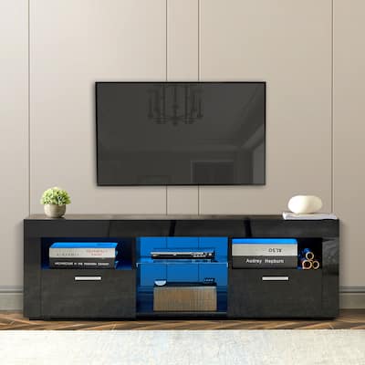 Black 51.2" TV Stand with LED Lights and 2 Large Storage Drawer for TVs Up to 55"
