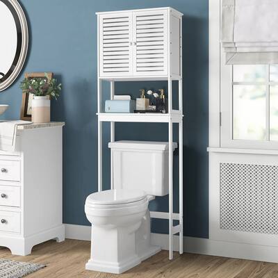 2 Doors 1 Shelf Bamboo Bathroom Cabinet,White/Natural