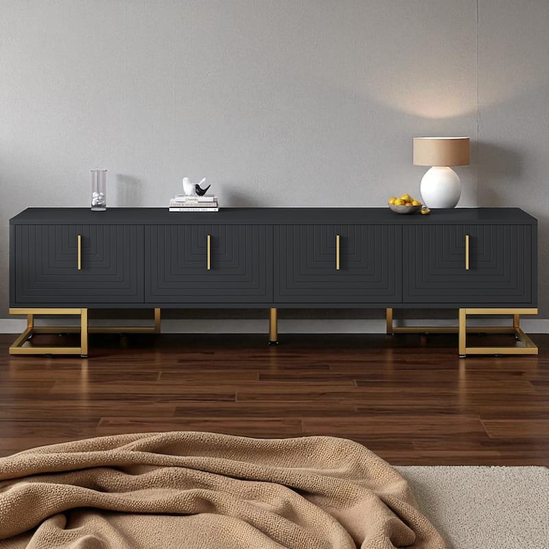 Luxury Black TV Cabinet with Geometric Line Doors, Adjustable Shelves & Cable Holes, Media Console for 80 Inch TV