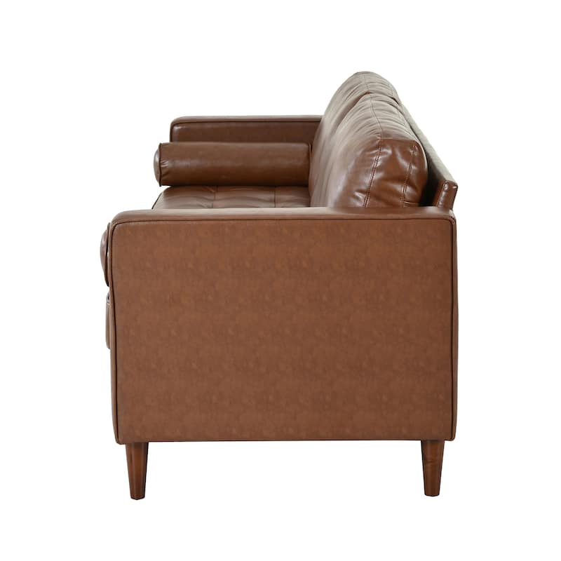 Mid-Century Modern PU Leather 3-Seat Sofa, Tufted Design, Solid Wood Legs, 2 Bolster Pillows, Comfortable sofa