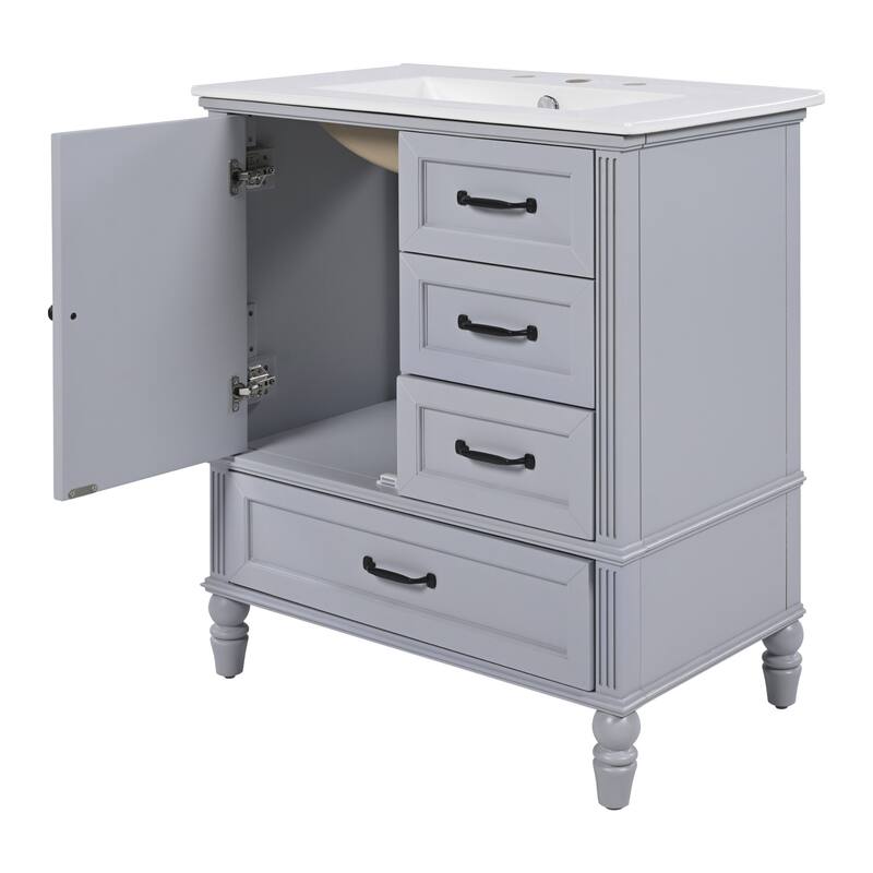 30" Bathroom Vanity wCeramic Sink, Cushioning Door & Drawers, Solid Wood Legs & MDF Board, Adiustable Foot Pads Bathroom Cabinet