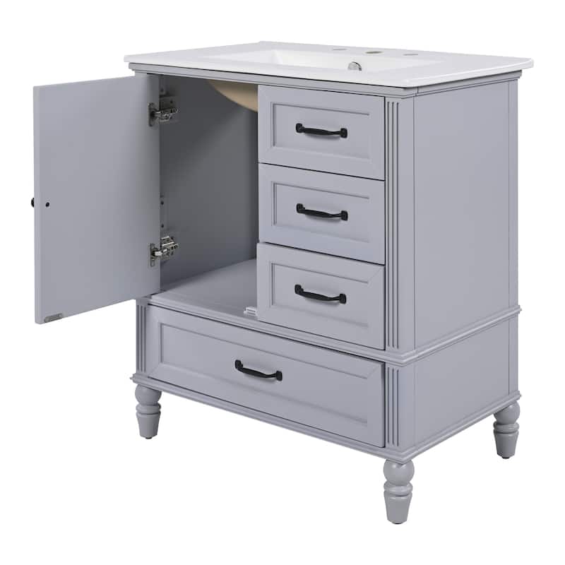 Roomfitters Bathroom Vanity with Sink, Single Door Cabinet and Three Drawers, Solid Wood Legs