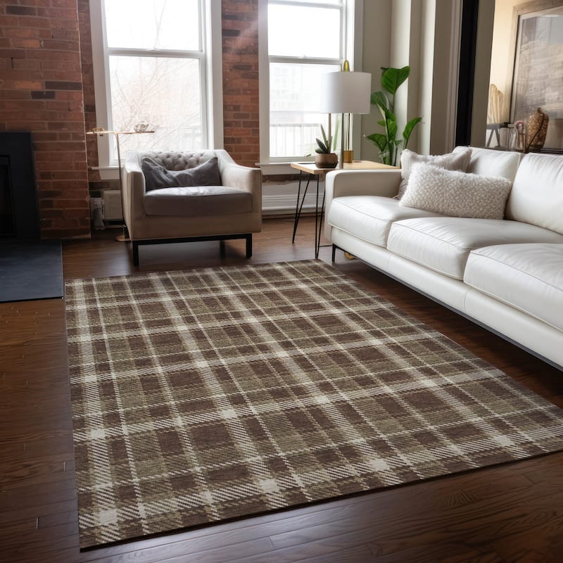 Machine Washable Indoor/ Outdoor Traditional Plaid Chantille Rug - Chocolate - 8' x 10'