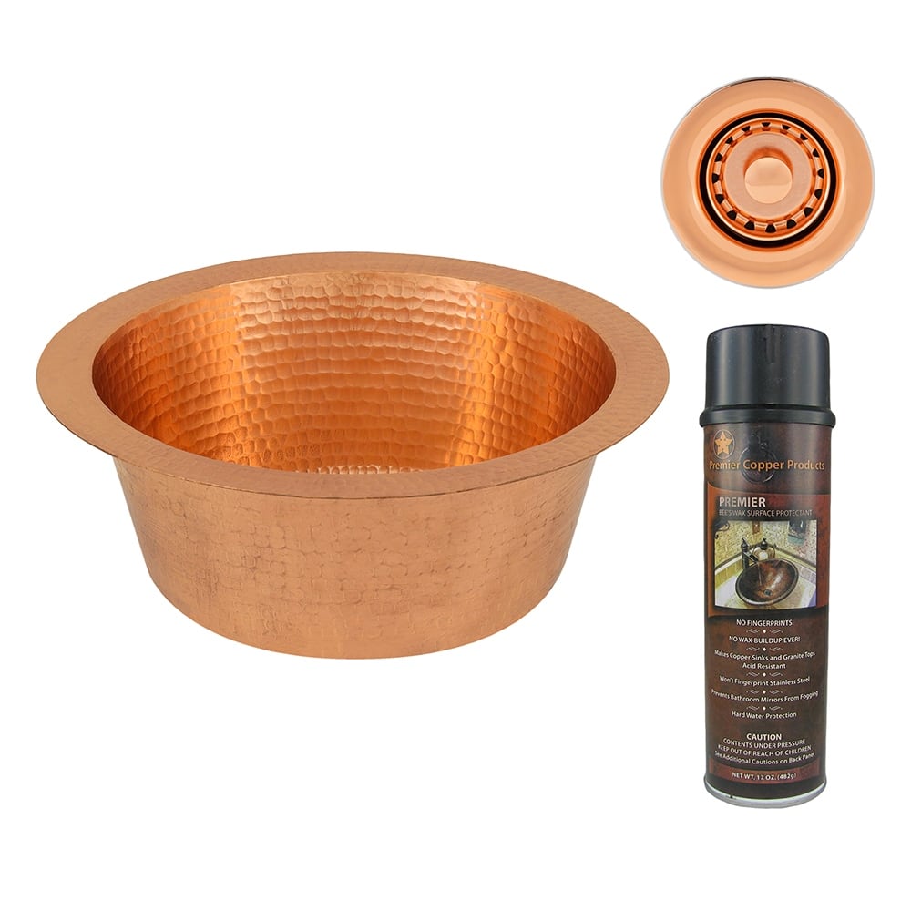 12" Round Hammered Copper Bar Sink with 2" Drain Opening in Polished Copper, Matching Drain and Accessories
