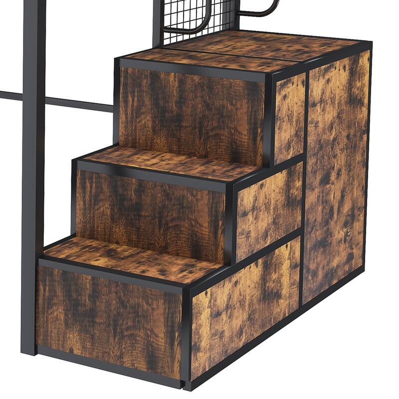 Full Loft Bed with Desk, USB Charging, Storage Drawers & Staircase - Space-Saving Black Design for Adults/Teens