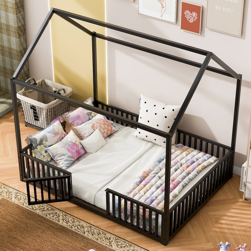 Metal House Bed with Fence, Roof & Door