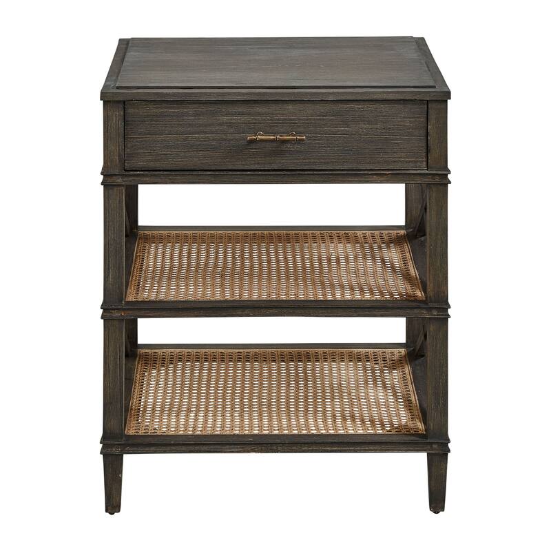 Cambridge Double Shelf Elm & Cane Side Accent Table with Storage Drawer