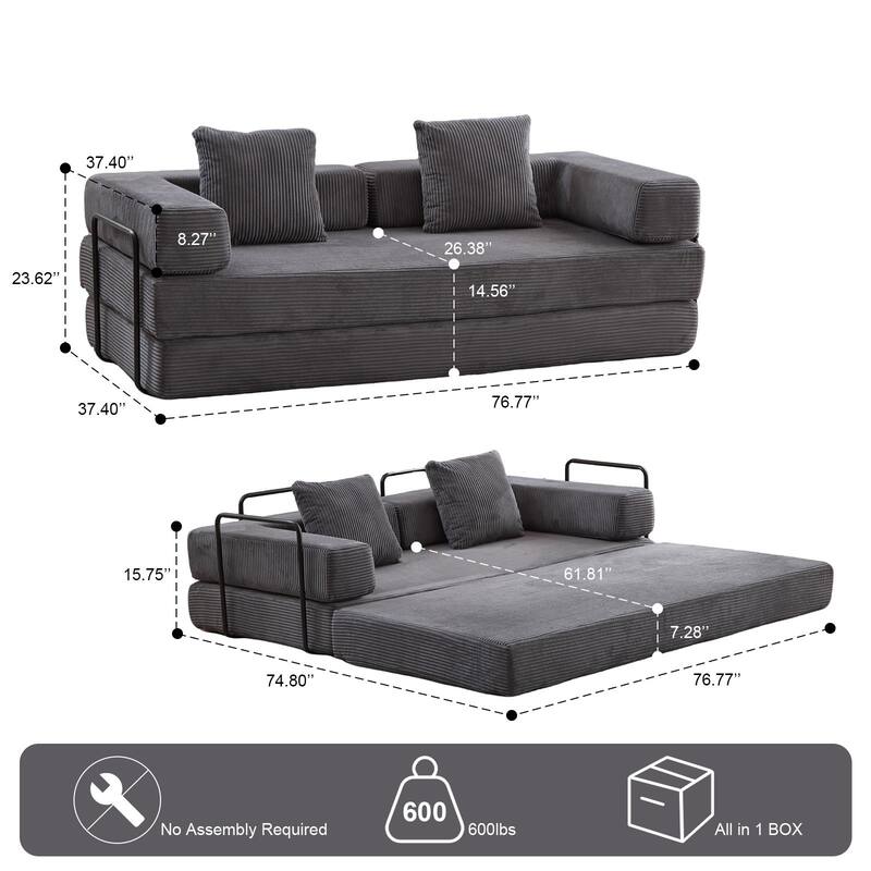 Convertible Corduroy Floor Sofa Bed, Dark Grey