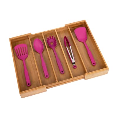 Seville Classics Bamboo Expandable 5 Large Compartment Adjustable Cutlery Drawer Tray Organizer - Brown