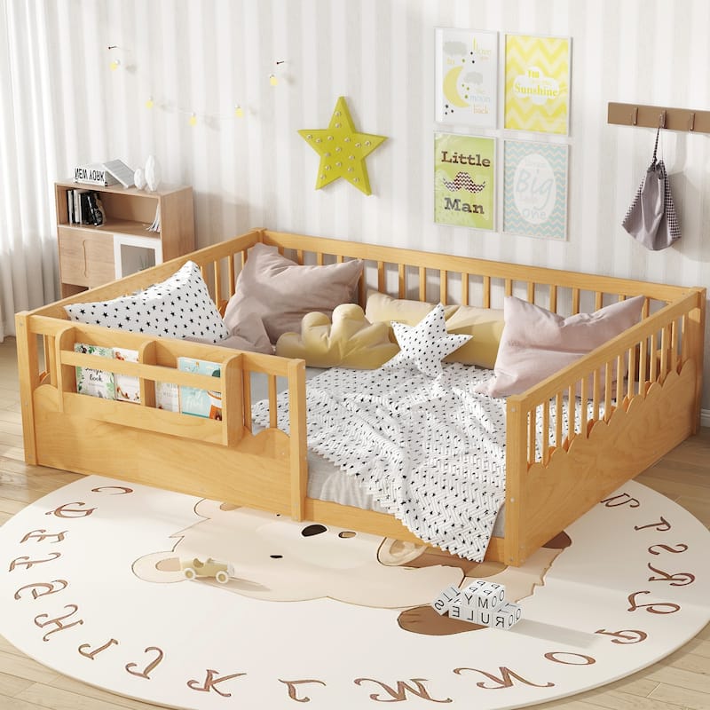 Montessori Floor Bed Kids Bed Frame with Heightened Fence and Bookshelf, Wavy Decoration Wood Platform Bed, No Slats Design - Natural - Queen