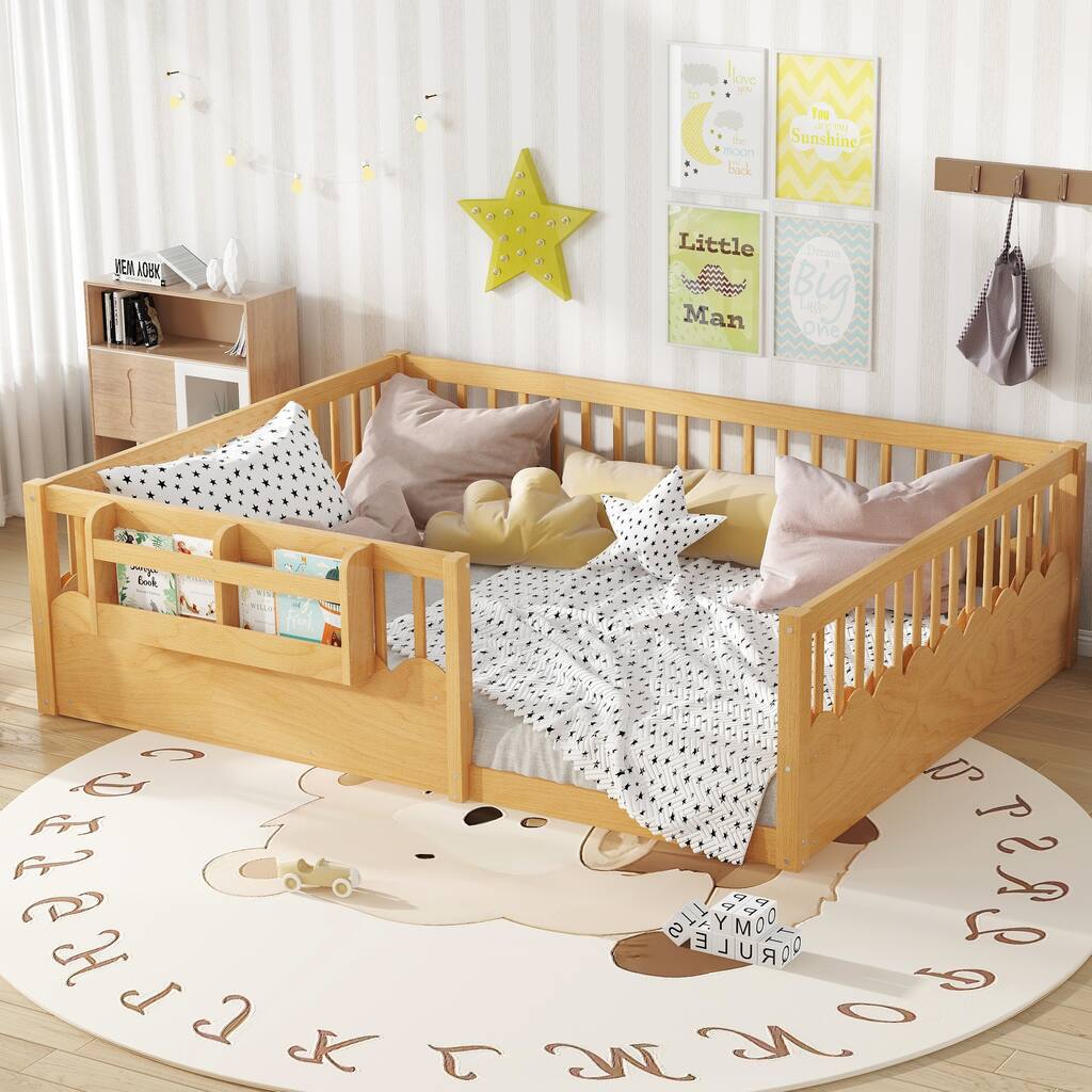 Montessori Floor Bed Kids Bed Frame with Heightened Fence and Bookshelf, Wavy Decoration Wood Platform Bed, No Slats Design