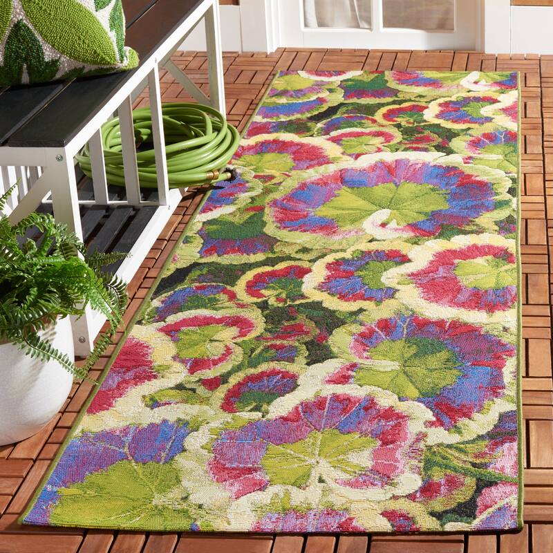 SAFAVIEH Barbados Najma Tropical Waterproof Patio Backyard Rug - 2'8" x 8' Runner - Black Green/Purple