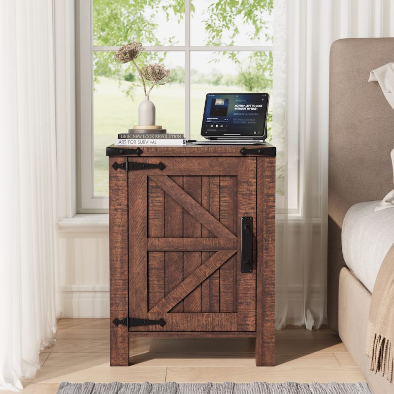 Farmhouse Nightstand Set of 2 with Charging Station, Rustic End Table