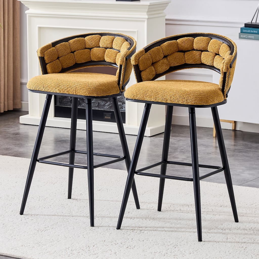 Set of 2 Yellow Velvet Bar Stools with Black Iron Legs, Modern Counter Height Stools