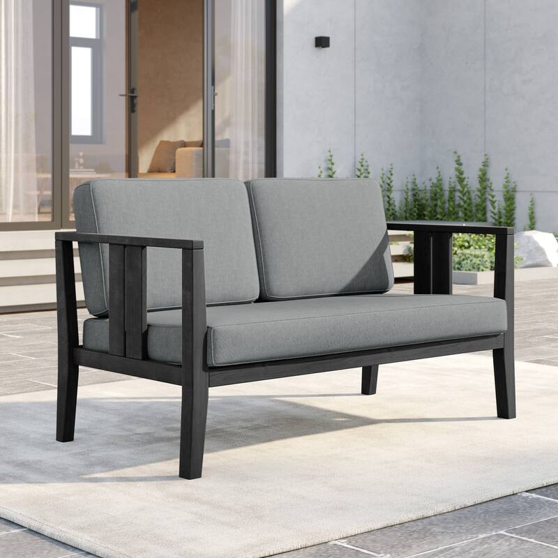 Outdoor Teak Solid Wood Patio Furniture Set Loveseat Armchair Table Collection - Loveseat - Blackframe-Grey