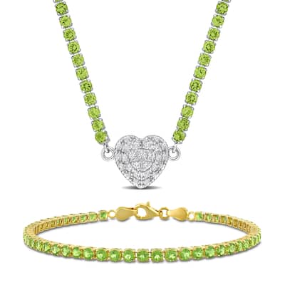 Miadora 17 1/2ct TGW Peridot Created White Sapphire Necklace Tennis Bracelet Set in Two-Tone Silver