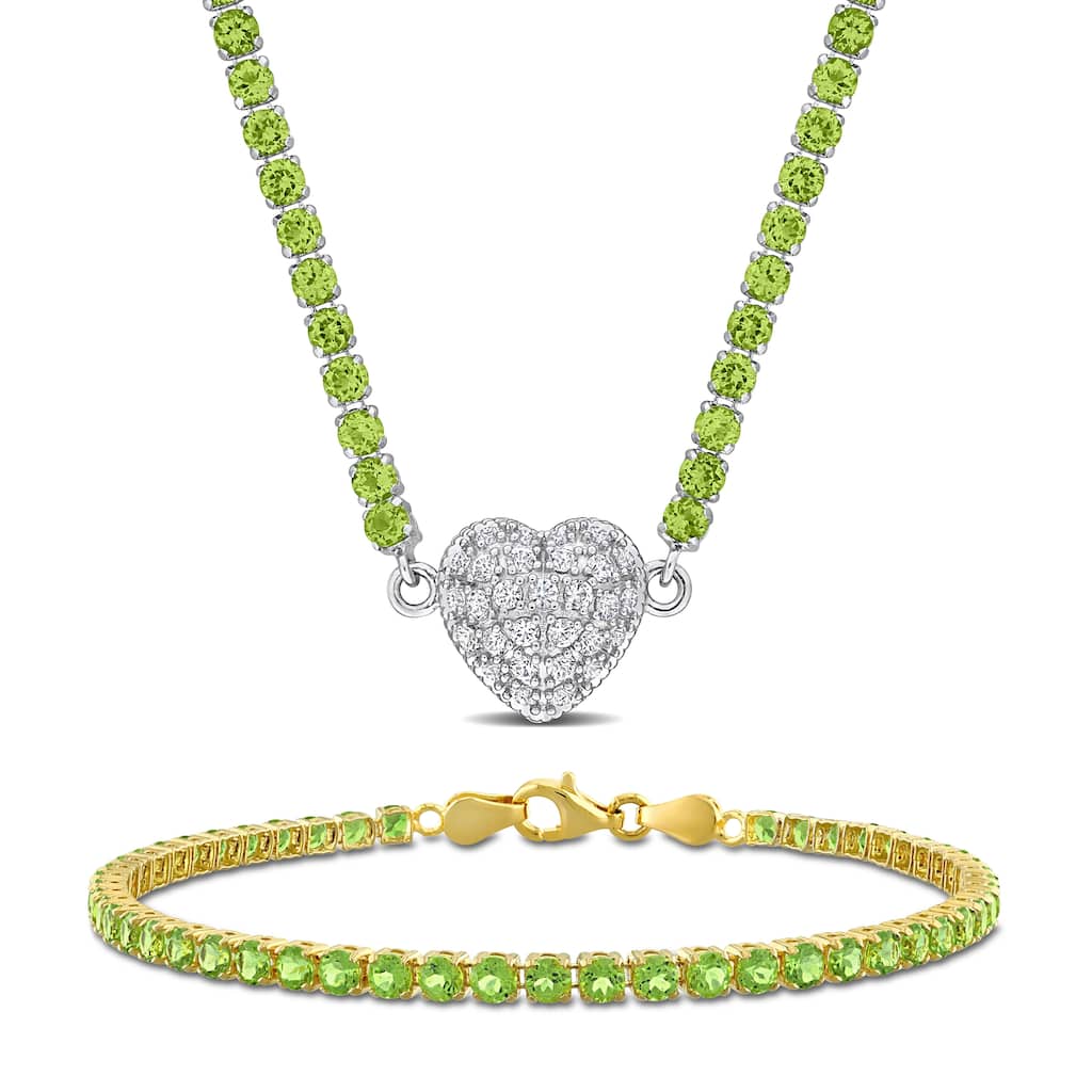 Miadora 17 1/2ct TGW Peridot Created White Sapphire Necklace Tennis Bracelet Set in Two-Tone Silver