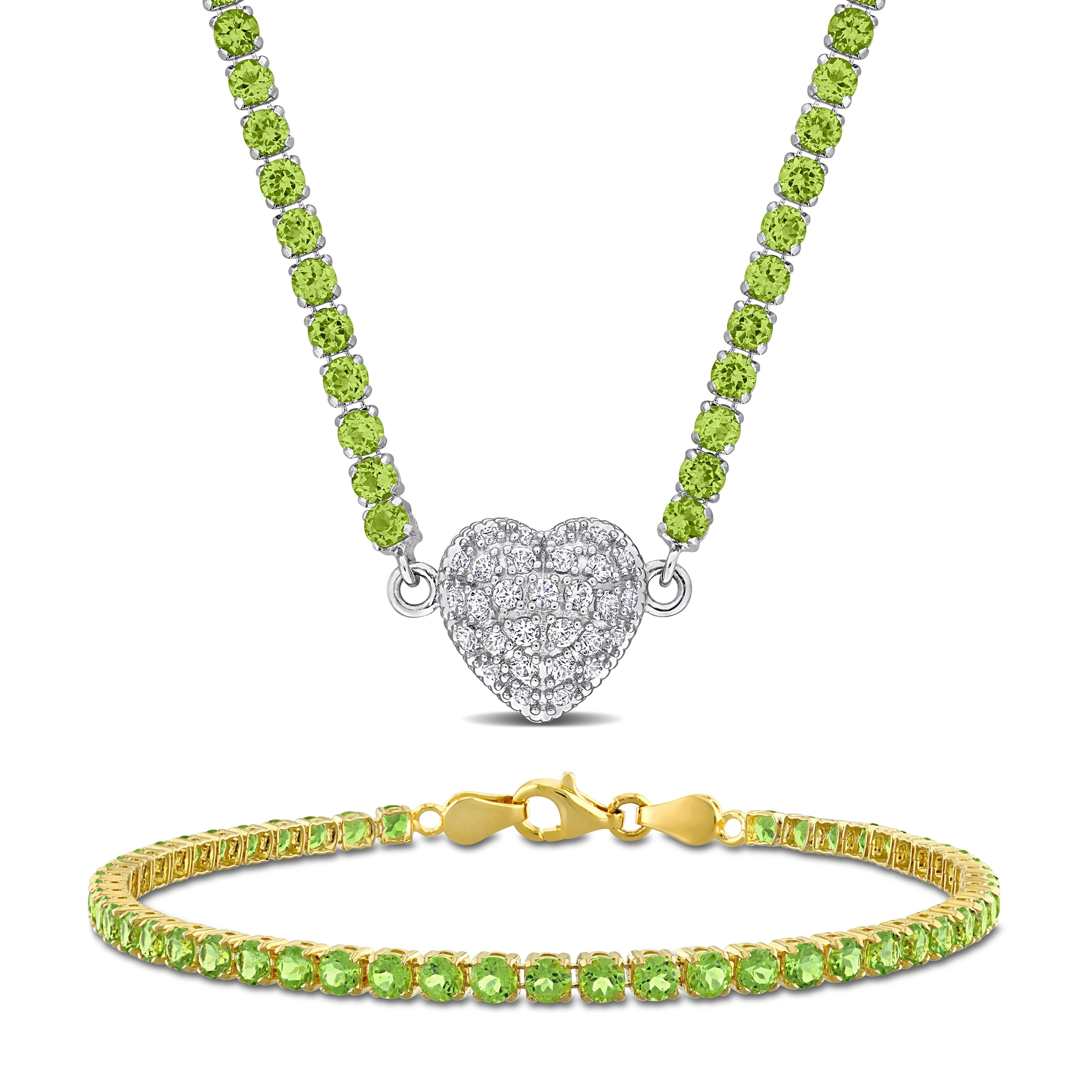 Miadora 17 1/2ct TGW Peridot Created White Sapphire Necklace Tennis Bracelet Set in Two-Tone Silver