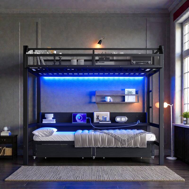 Metal Bunk Bed with Storage Shelves, Drawers, USB Ports, LED Lights & Convertible Lower Bed Sofa Design