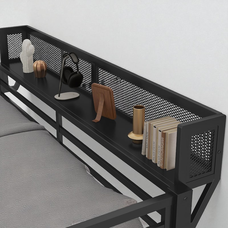 Queen Over Queen Metal Bunk Bed with Ladder and Storage Shelf, Heavy-Duty Bunk Frame for Adults and Teens