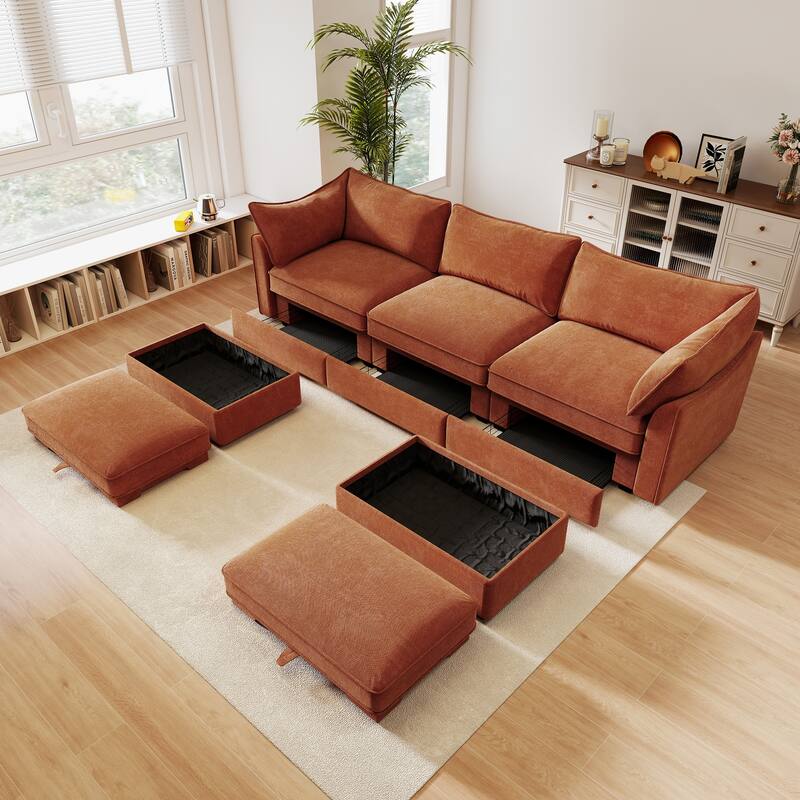 GDFStudio - Chenille U-Shaped 3-Seater 112.6" Modular Sofa with 2 Ottomans - Orange